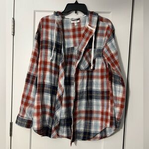 Maurice’s oversized Plaid Hooded Shirt in Red, Blue, and White